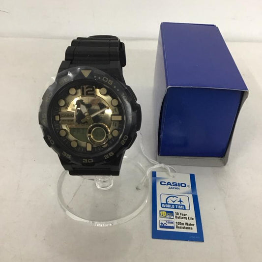 カシオ CASIO 腕時計 デジタル チープカシオ アナデジ AEQ-100BW-9A 無地 黒 / ブラック / X 金 / ゴールド /  メンズ USED 古着 中古 10144755