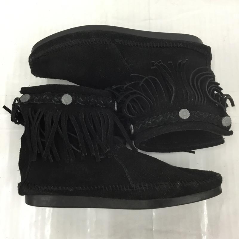 ミネトンカ Minnetonka ブーツ ショートブーツ 299 earth music&ecology コラボ フリンジ 1613107 無地 黒 / ブラック /  レディース USED 古着 中古 10105966