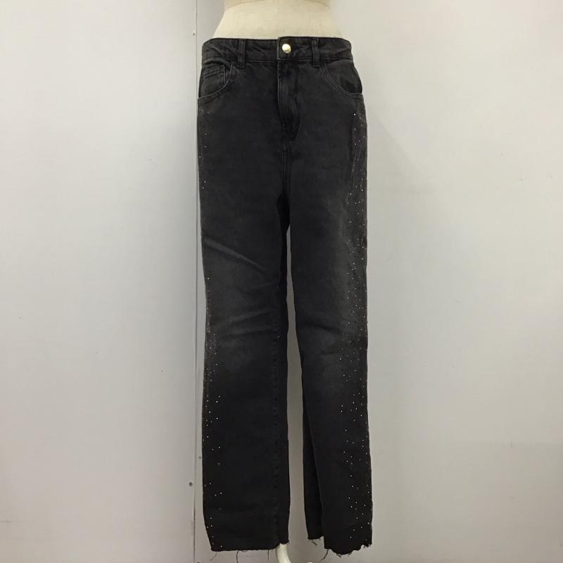 ザラ ZARA パンツ デニム、ジーンズ 6147 195 800 ストレート ハイウエスト スタッズ ビーズ カットオフ 無地 黒 / ブラック /  レディース USED 古着 中古 10120873