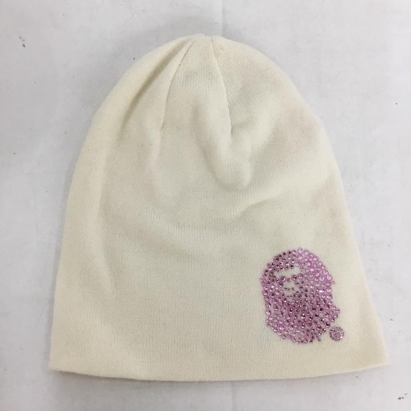 アベイシングエイプ A BATHING APE 帽子 ニット帽 CRYSTAL APE HEAD BEANIE ラインストーン ワンポイント オフホワイト / オフホワイト /  メンズ USED 古着 中古 10138490