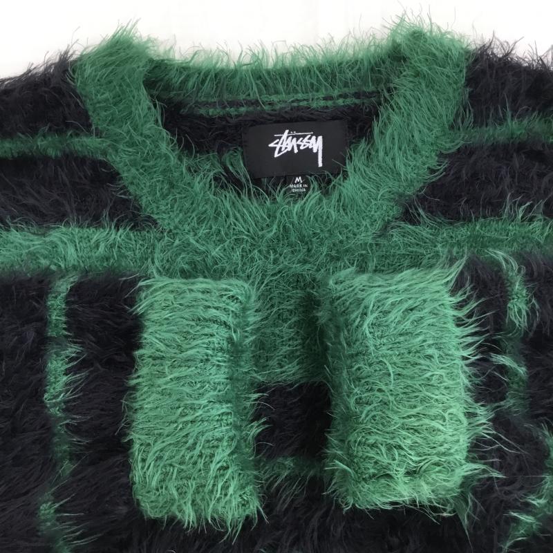 ステューシー STUSSY ニット、セーター 長袖 HAIRY Stripe CREW Sweater M ボーダー柄 黒 / ブラック / X 緑 / グリーン /  メンズ USED 古着 中古 10138292