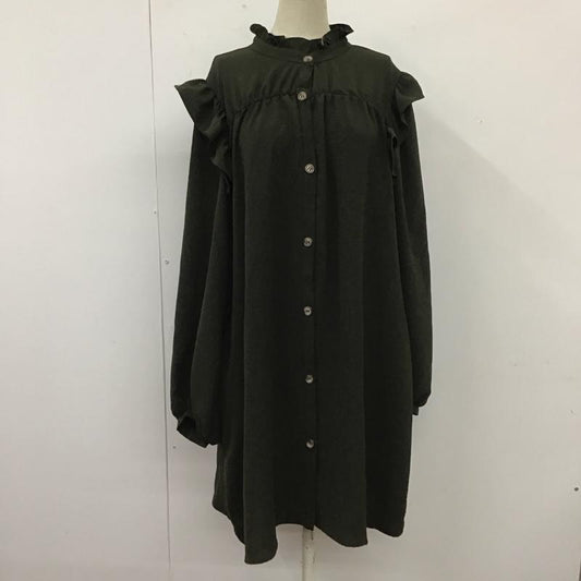 ザラ ZARA ワンピース ひざ丈スカート 0387 169 505 スタンドネック フリル 長袖 L 無地 カーキ / カーキ /  レディース USED 古着 中古 10109505