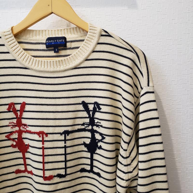 パーリーゲイツ PEARLY GATES ニット、セーター 長袖 3 ボーダー柄 X キャラクター ベージュ / ベージュ / X 黒 / ブラック / X 赤 / レッド /  メンズ USED 古着 中古 10009224