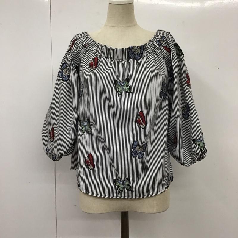 ザラ ZARA カットソー 七分袖 2521 426 070 オフショルダー 蝶々 刺繍 XS ストライプ 白 / ホワイト / X 黒 / ブラック /  レディース USED 古着 中古 10113500
