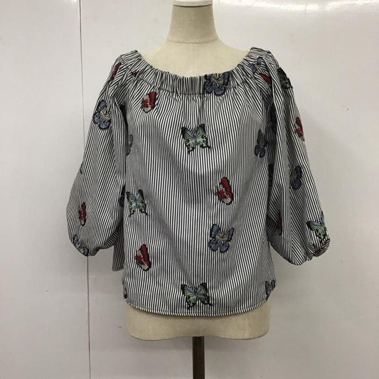 ザラ ZARA カットソー 七分袖 2521 426 070 オフショルダー 蝶々 刺繍 XS ストライプ 白 / ホワイト / X 黒 / ブラック /  レディース USED 古着 中古 10113500