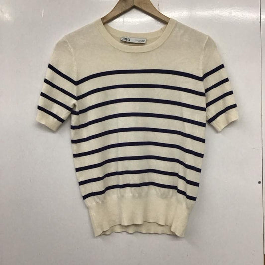 ザラ ZARA ニット、セーター 半袖 8851/017/105 M ボーダー柄 白 / ホワイト / X 紺 / ネイビー /  レディース USED 古着 中古 10133667