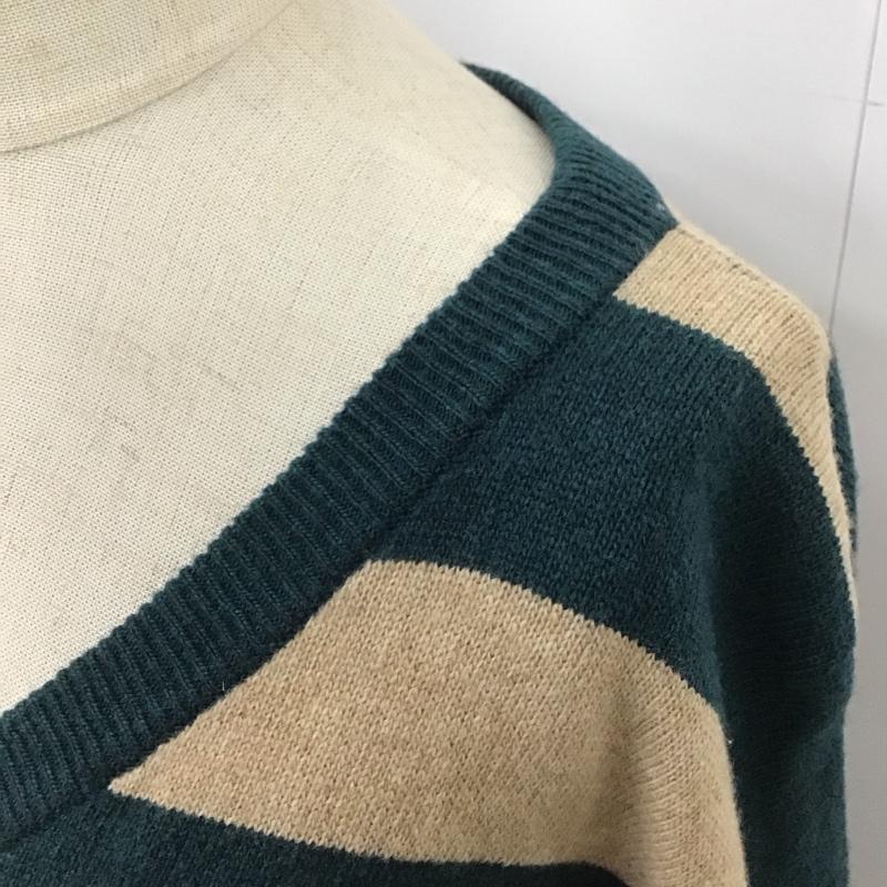 バーバリーブルーレーベル BURBERRY BLUE LABEL ワンピース ひざ丈スカート E1J85-445-70 Vネック 長袖 ニット ボーダー 38 ワンポイント ベージュ / ベージュ / X 緑 / グリーン /  レディース USED 古着 中古 10116939