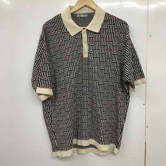 ザラ ZARA ポロシャツ 半袖 半袖ポロシャツ カラーシャツ 半袖カットソー M 総柄 黒 / ブラック / X アイボリー / アイボリー /  メンズ USED 古着 中古 10151088