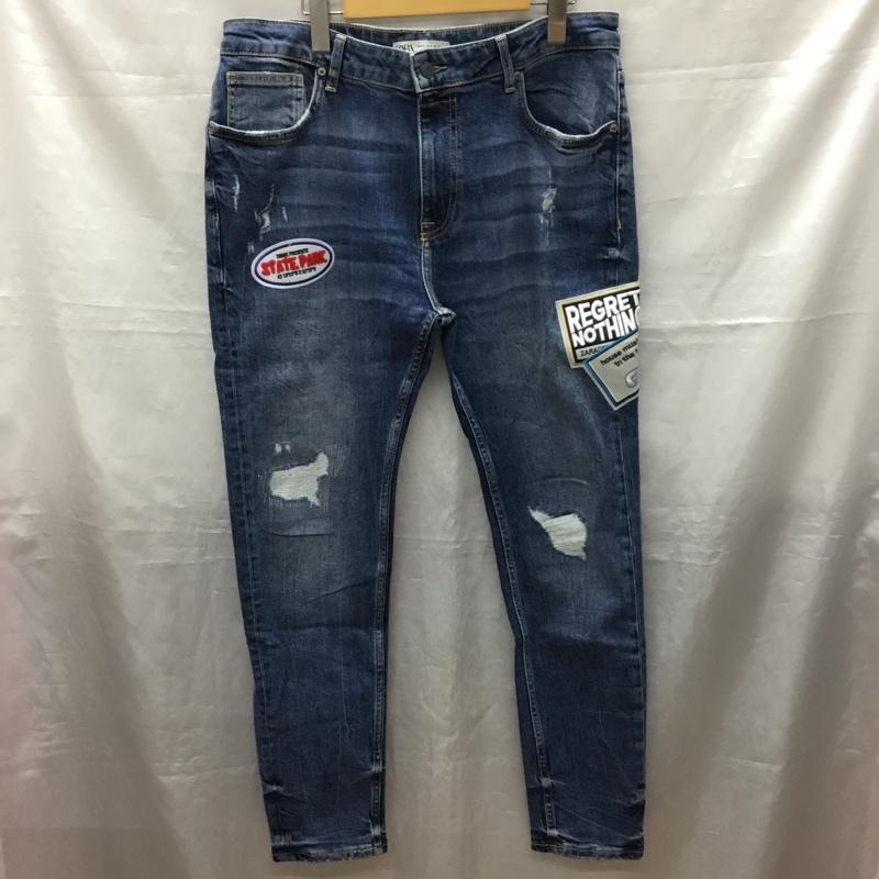ザラ ZARA パンツ デニム、ジーンズ デニムパンツ スリムパンツ ストレッチパンツ ジーンズ ワッペン 46インチ ロゴ、文字 インディゴ / インディゴ /  メンズ USED 古着 中古 10120253