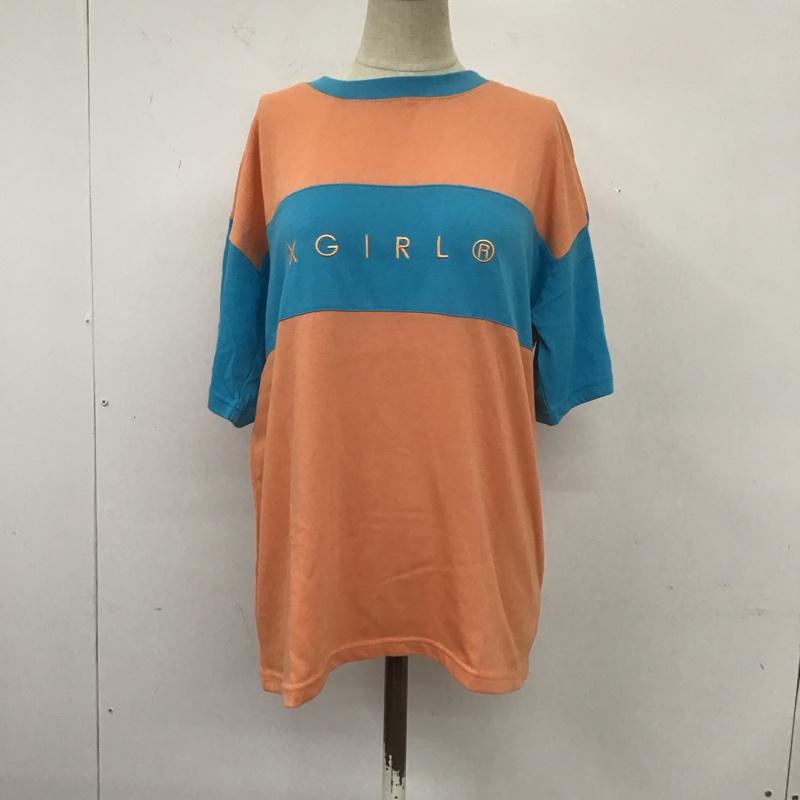 エックスガール X-girl Tシャツ 半袖 05182310 クルーネック バイカラー 1 ロゴ、文字 水色 / ライトブルー / X 橙 / オレンジ /  レディース USED 古着 中古 10112033