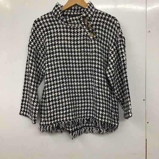 ザラウーマン ZARA WOMAN ニット、セーター 長袖 7563/245/080 コットンツイードフリンジボタントップ XS  白 / ホワイト / X 紺 / ネイビー /  レディース USED 古着 中古 10138091