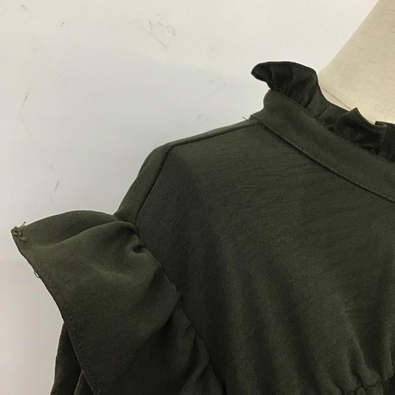 ザラ ZARA ワンピース ひざ丈スカート 0387 169 505 スタンドネック フリル 長袖 L 無地 カーキ / カーキ /  レディース USED 古着 中古 10109505