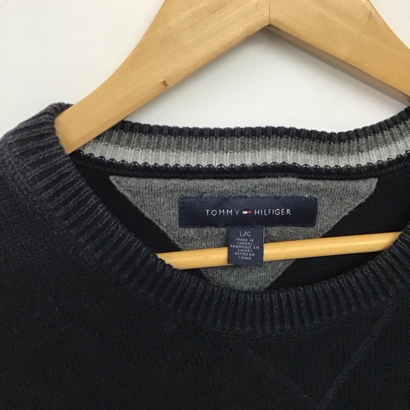 トミーヒルフィガー TOMMY HILFIGER ニット、セーター 長袖 長袖ニットカットソー クルーネック セーター L ロゴ、文字 紺 / ネイビー /  メンズ USED 古着 中古 10145927