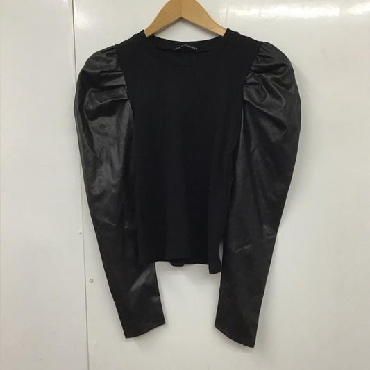 ザラ ZARA カットソー 長袖 0264/303/800 フェイクレザーリブニット スイッチング カットソー S 無地 黒 / ブラック /  レディース USED 古着 中古 10131027