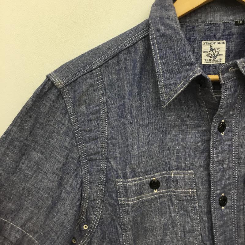 アールジェイビー R.J.B シャツ、ブラウス 半袖 THE FLAT HEAD STEADY BLUE シャンブレー ワーク シャツ 半袖 38 無地 青 / ブルー /  メンズ USED 古着 中古 10129790