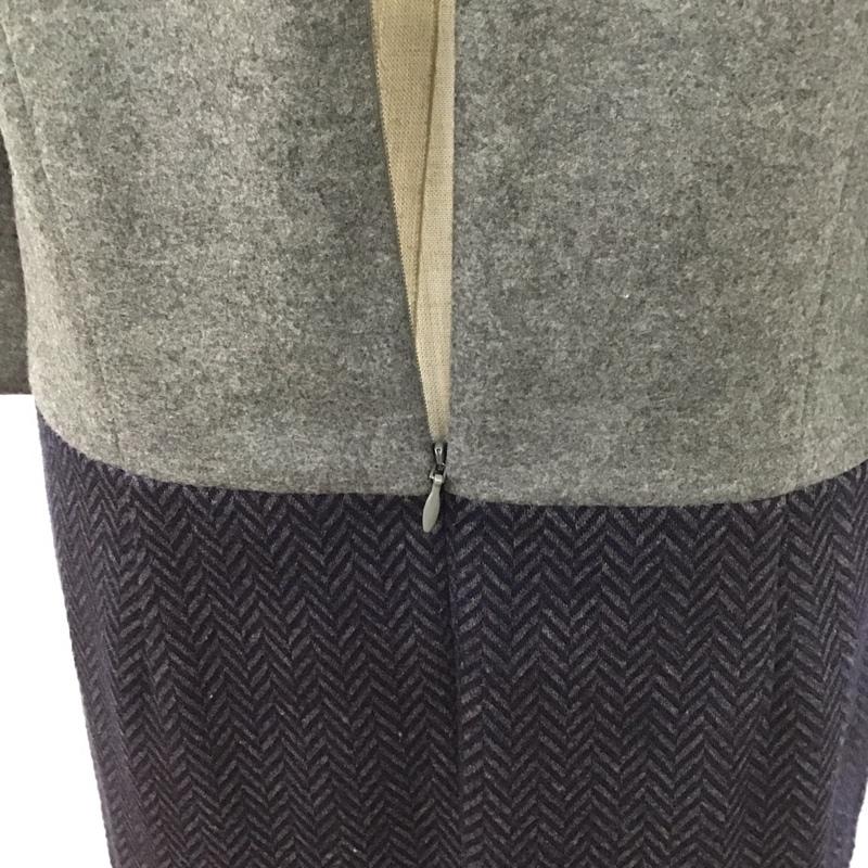 アンタイトル UNTITLED ワンピース ひざ丈スカート AD153-55428JJ 七分袖 ドッキング 後ろファスナー ヘリンボーン 2 無地 灰 / グレー / X 紺 / ネイビー /  レディース USED 古着 中古 10111080