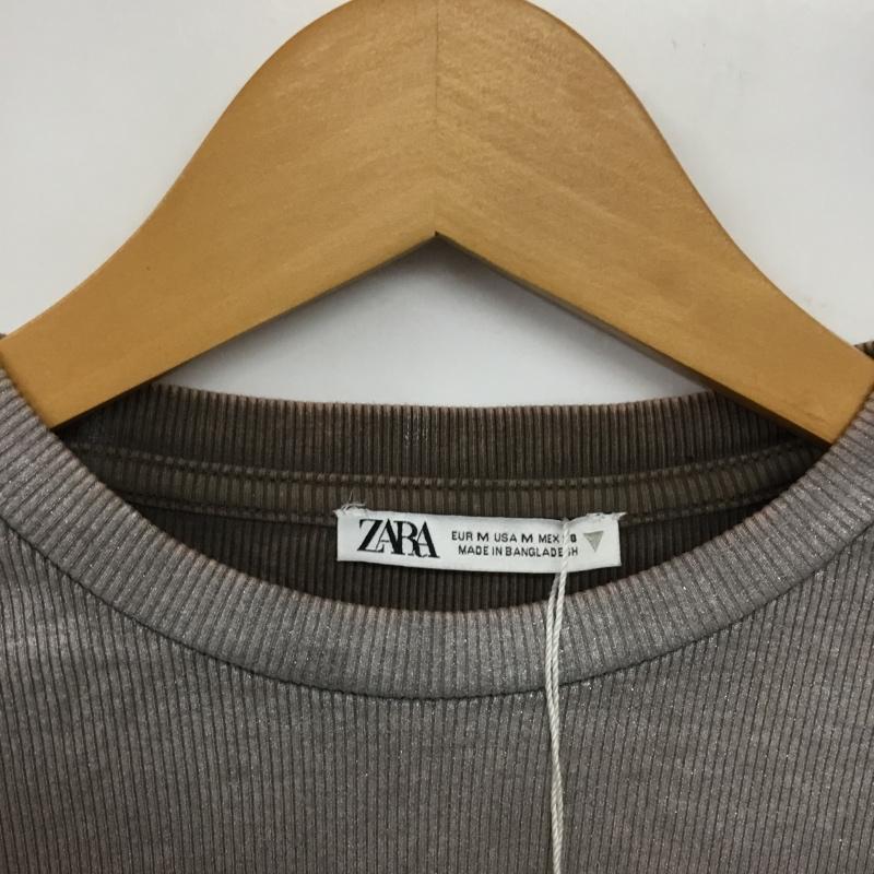 ザラ ZARA Tシャツ 長袖 3253 823 654 クロップド丈 リブ タグ付き ショート丈 M 無地 茶 / ブラウン / X 銀 / シルバー /  レディース USED 古着 中古 10144683