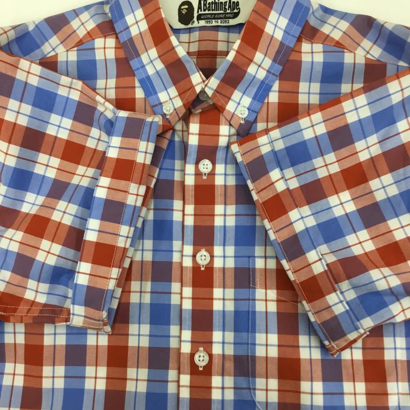アベイシングエイプ A BATHING APE シャツ、ブラウス 半袖 S チェック 白 / ホワイト / X 赤 / レッド / X 水色 / ライトブルー /  メンズ USED 古着 中古 10127965