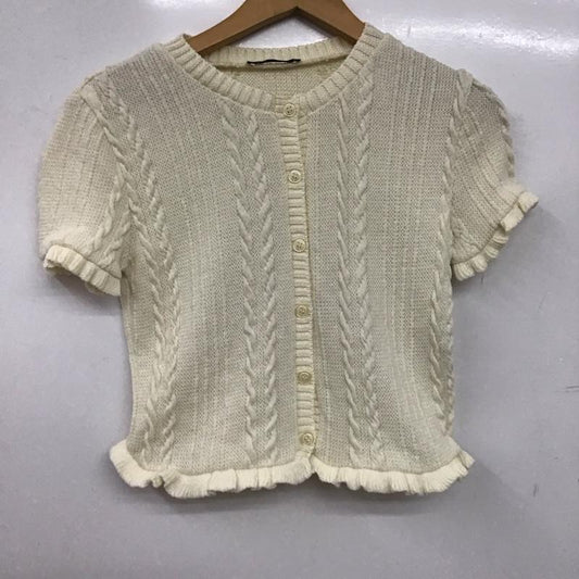 ザラ ZARA カーディガン 半袖 半袖ニットカーディガン 前ボタン リブニット ショート丈 M 総柄 アイボリー / アイボリー /  レディース USED 古着 中古 10147674