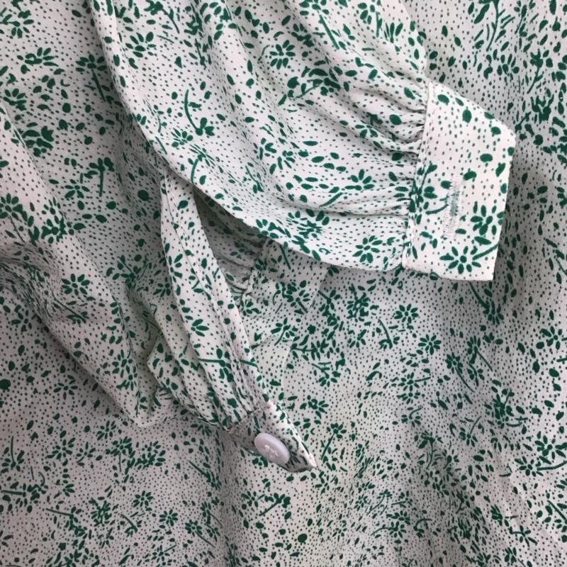 カスタネ Kastane ワンピース ロングスカート 長袖ロングワンピース ノーカラーシャツワンピース フレアスカート FREE プリント 白 / ホワイト / X 緑 / グリーン /  レディース USED 古着 中古 10146474