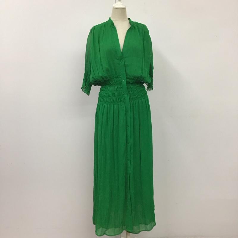 ザラ ZARA ワンピース ロングスカート 半袖ワンピース ロングワンピース Vネック フレアスカート 前開きワンピース M 無地 緑 / グリーン /  レディース USED 古着 中古 10117406