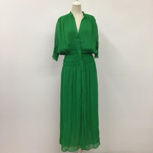 ザラ ZARA ワンピース ロングスカート 半袖ワンピース ロングワンピース Vネック フレアスカート 前開きワンピース M 無地 緑 / グリーン /  レディース USED 古着 中古 10117406