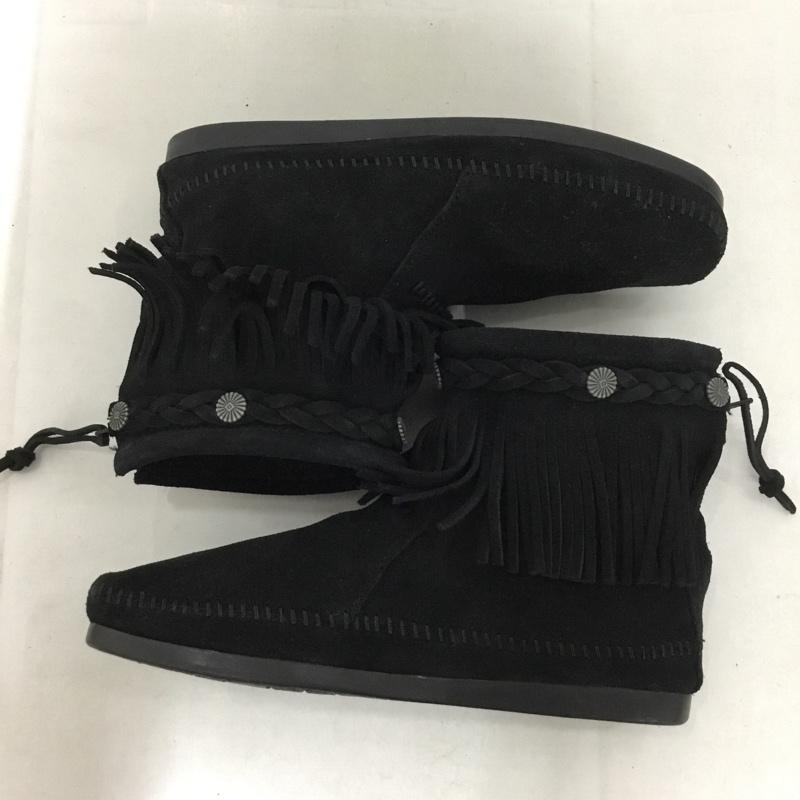 ミネトンカ Minnetonka ブーツ ショートブーツ Hi Top Back Zipper Boot 299 コンチョボタン フリンジ 8 FREE 無地 黒 / ブラック /  レディース USED 古着 中古 10144921