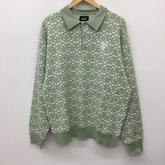 ハフ HUF ニット、セーター 長袖 L ロゴ、文字 緑 / グリーン / X 白 / ホワイト /  メンズ USED 古着 中古 10143903