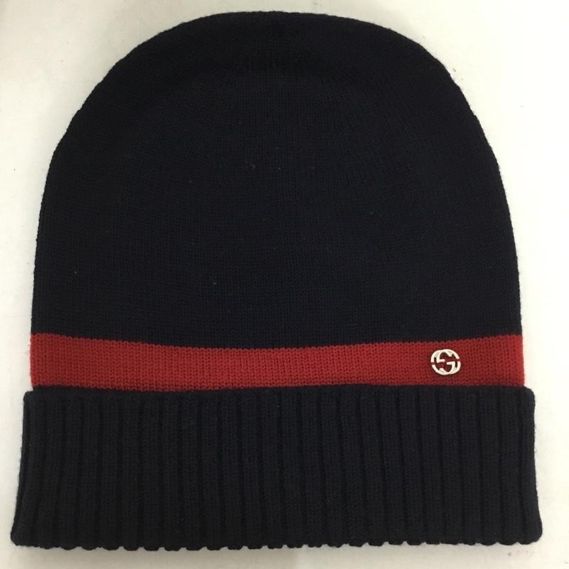 グッチ GUCCI 帽子 ニット帽 箱有 GG ワンポイント 紺 / ネイビー / X 赤 / レッド /  メンズ USED 古着 中古 10144330