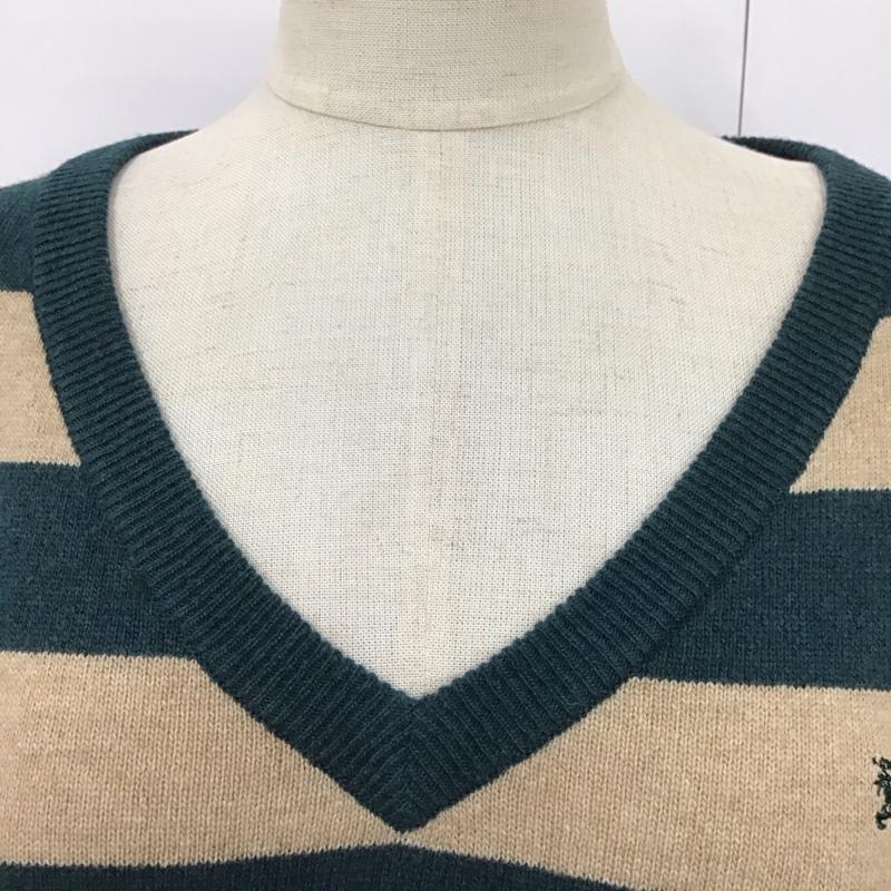 バーバリーブルーレーベル BURBERRY BLUE LABEL ワンピース ひざ丈スカート E1J85-445-70 Vネック 長袖 ニット ボーダー 38 ワンポイント ベージュ / ベージュ / X 緑 / グリーン /  レディース USED 古着 中古 10116939