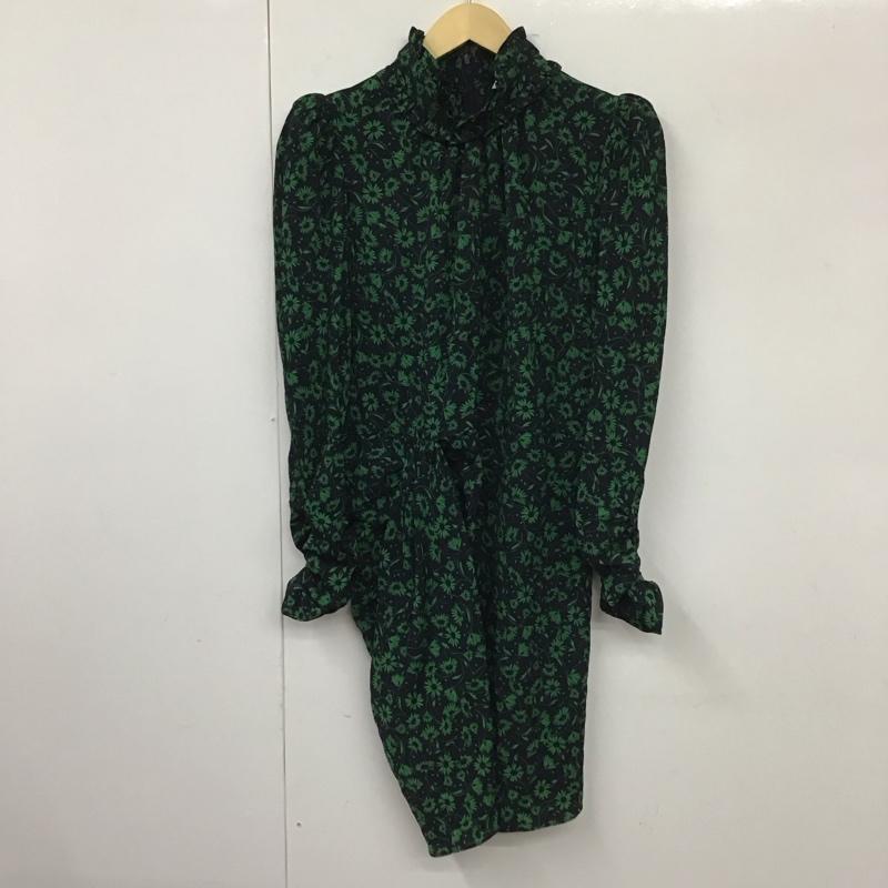 ザラ ZARA ワンピース ひざ丈スカート 2058 101 401 スタンドネック 襟フリル 長袖 L 花柄 黒 / ブラック / X 緑 / グリーン /  レディース USED 古着 中古 10131213