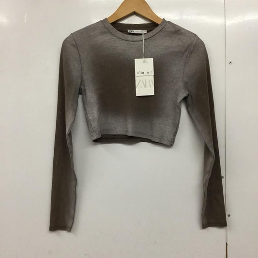ザラ ZARA Tシャツ 長袖 3253 823 654 クロップド丈 リブ タグ付き ショート丈 M 無地 茶 / ブラウン / X 銀 / シルバー /  レディース USED 古着 中古 10144683