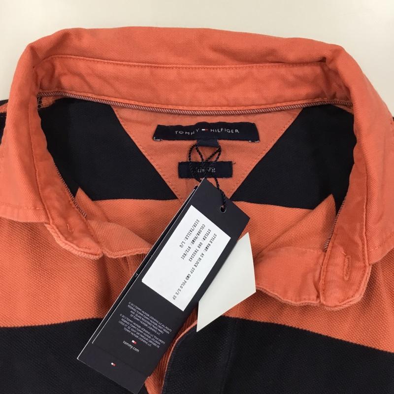 トミーヒルフィガー TOMMY HILFIGER ポロシャツ 半袖 タグ付き L ボーダー柄 橙 / オレンジ / X 紺 / ネイビー /  メンズ USED 古着 中古 10112872
