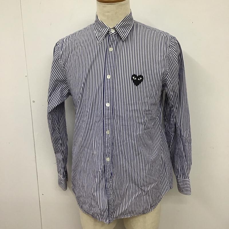 プレイコムデギャルソン PLAY COMME des GARCONS シャツ、ブラウス 長袖 長袖シャツ カラーシャツ 長袖カットソー ストライプシャツ S ロゴ、文字 白 / ホワイト / X 青 / ブルー /  メンズ USED 古着 中古 10114659