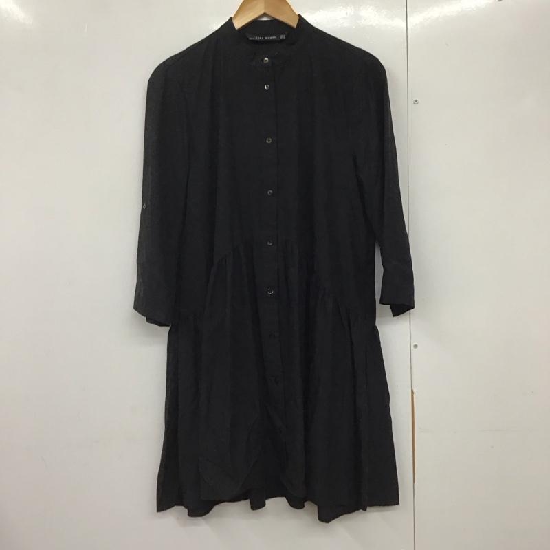 ザラ ZARA ワンピース ひざ丈スカート 4437 273 800 バンドカラー 袖ロールアップ シャツワンピース M 無地 黒 / ブラック /  レディース USED 古着 中古 10142148