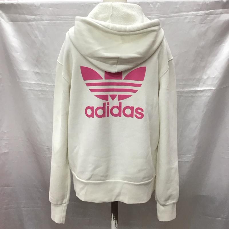 アディダス adidas パーカー 長袖 プルオーバー 裏起毛 フーディー L ロゴ、文字 白 / ホワイト / X 桃 / ピンク /  レディース USED 古着 中古 10115466
