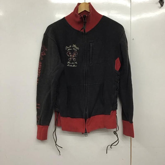 スカルフライト SKULLFLIGHT トレーナー 長袖 スウェット フルジップ スリーブロゴ バックプリント 裏起毛 サイド編み上げ 38 ロゴ、文字 黒 / ブラック / X 赤 / レッド /  メンズ USED 古着 中古 10144714