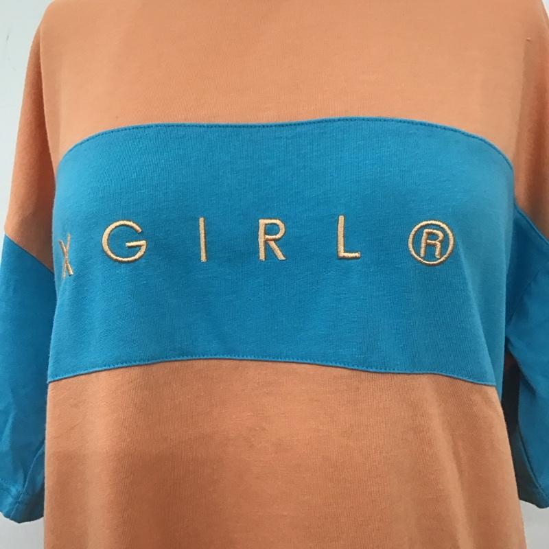 エックスガール X-girl Tシャツ 半袖 05182310 クルーネック バイカラー 1 ロゴ、文字 水色 / ライトブルー / X 橙 / オレンジ /  レディース USED 古着 中古 10112033