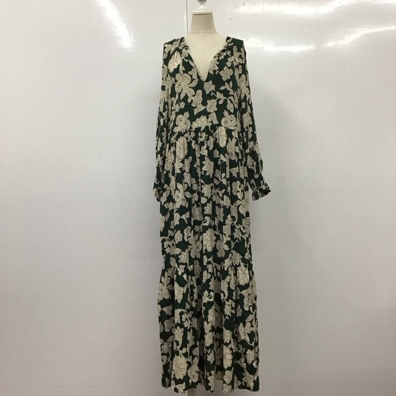 ザラ ZARA ワンピース ロングスカート ロングワンピース 半袖ワンピース フレアスカート ウエスト切り替えワンピース S プリント 白 / ホワイト / X 緑 / グリーン /  レディース USED 古着 中古 10109215