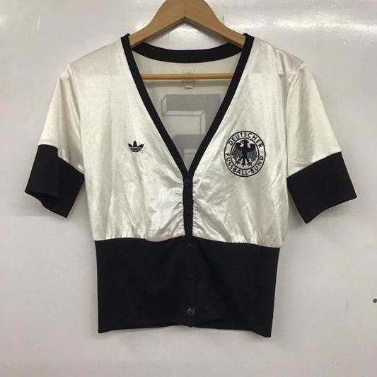 アディダス adidas カーディガン 半袖 半袖カーディガン 前開き 薄手 M ロゴ、文字 白 / ホワイト / X 黒 / ブラック /  レディース USED 古着 中古 10136748