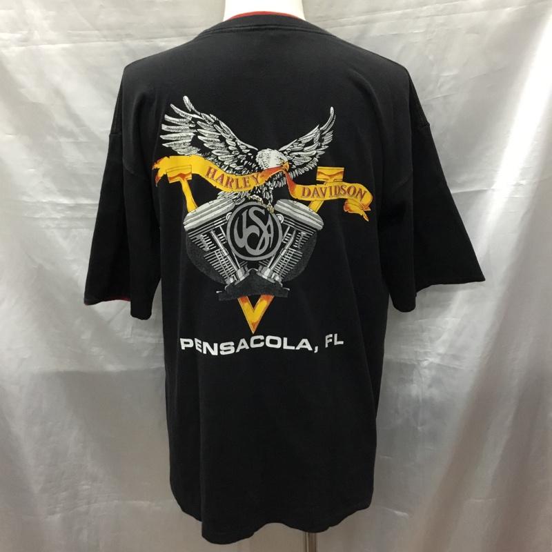 ハーレーダビッドソン Harley-Davidson Tシャツ 半袖 半袖カットソー プリントTシャツ クルーネックカットソー 90s フェイクレイカード L プリント 黒 / ブラック /  メンズ USED 古着 中古 10119708