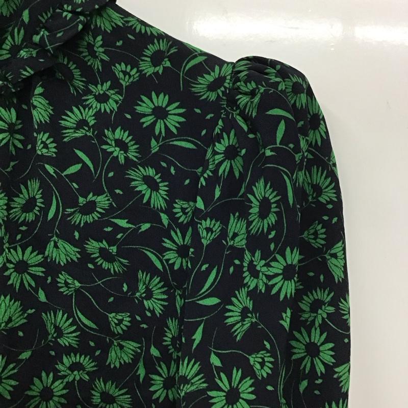 ザラ ZARA ワンピース ひざ丈スカート 2058 101 401 スタンドネック 襟フリル 長袖 L 花柄 黒 / ブラック / X 緑 / グリーン /  レディース USED 古着 中古 10131213