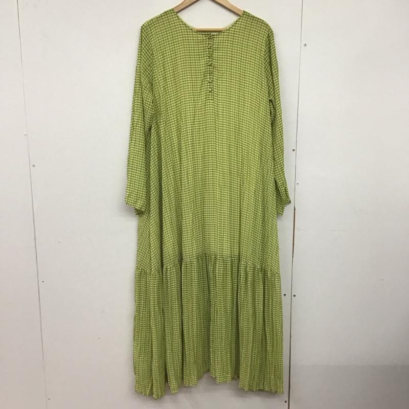 カスタネ Kastane ワンピース ロングスカート 長袖ロングワンピース ノーカラーシャツワンピース フレアスカート FREE チェック 薄緑 / ライトグリーン /  レディース USED 古着 中古 10147093