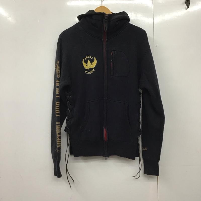 スカルフライト SKULLFLIGHT パーカー 長袖 ジップアップ フルジップ スリーブロゴ バックプリント 40 ロゴ、文字 黒 / ブラック /  メンズ USED 古着 中古 10144715