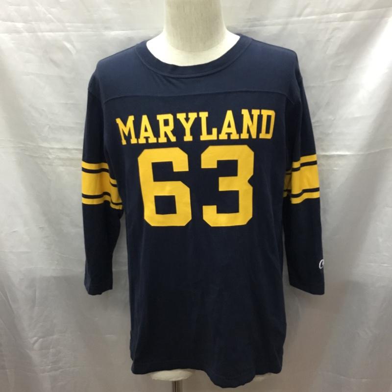 チャンピオン Champion カットソー 七分袖 c3-u422 SLEEVETSHIRT クルーネックカットソー プリントTシャツ L ロゴ、文字 紺 / ネイビー /  メンズ USED 古着 中古 10118693