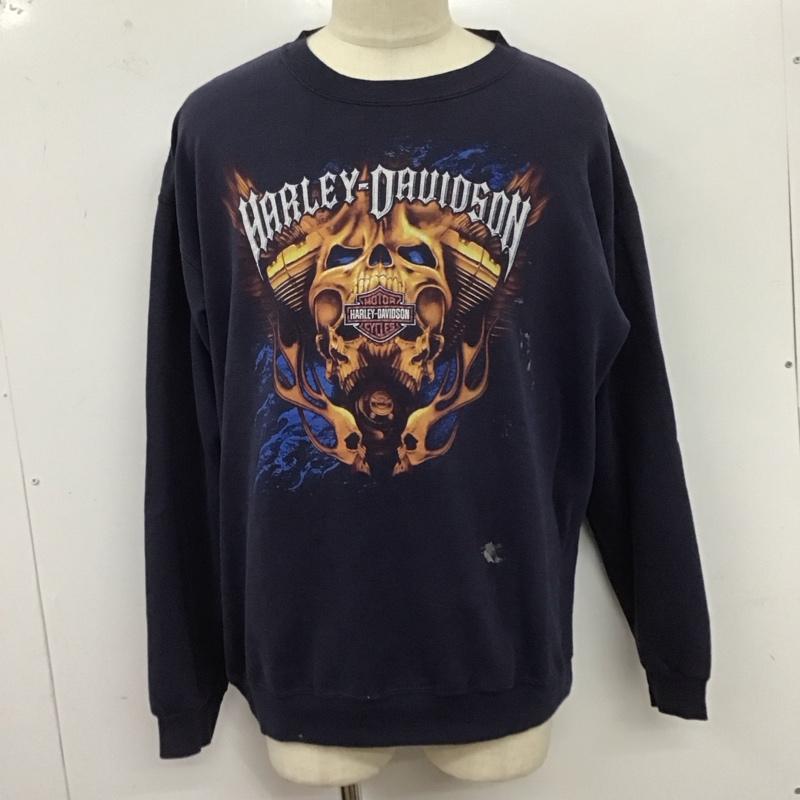 ハーレーダビッドソン Harley-Davidson トレーナー 長袖 長袖トレーナー スウェット クルーネック リブスウェットカットソー 古着 プリント 紺 / ネイビー /  メンズ USED 古着 中古 10124698