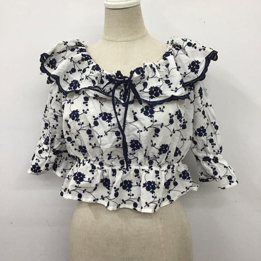 ザラ ZARA カットソー 半袖 2298 063 066 ショート丈 リボン パフスリーブ M 刺繍 白 / ホワイト / X 紺 / ネイビー /  レディース USED 古着 中古 10106710