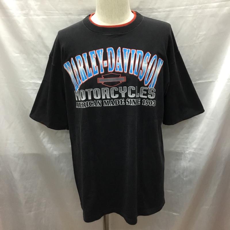 ハーレーダビッドソン Harley-Davidson Tシャツ 半袖 半袖カットソー プリントTシャツ クルーネックカットソー 90s フェイクレイカード L プリント 黒 / ブラック /  メンズ USED 古着 中古 10119708