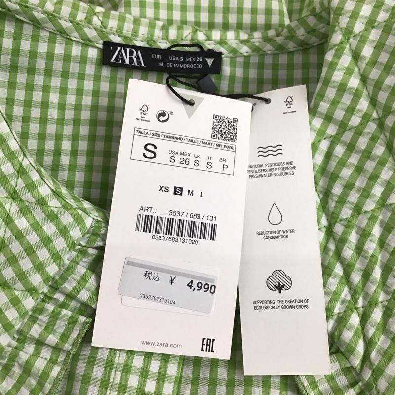 ザラ ZARA シャツ、ブラウス 半袖 3537 683 131 ピーターパンカラーシャツ ショートパフスリーブ キルティング襟 タグ付き S チェック 薄緑 / ライトグリーン / X 白 / ホワイト /  レディース USED 古着 中古 10107976