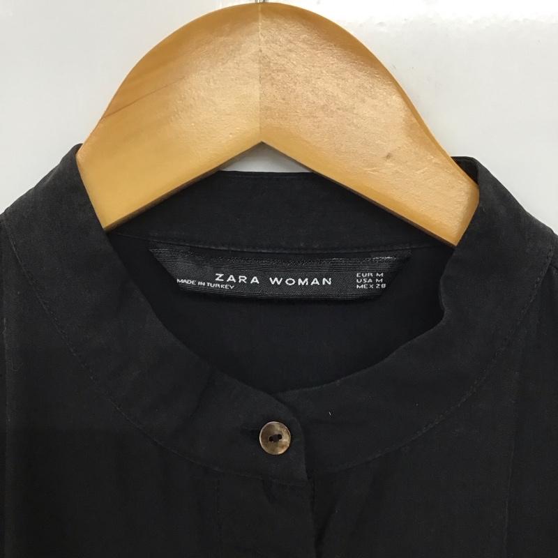 ザラ ZARA ワンピース ひざ丈スカート 4437 273 800 バンドカラー 袖ロールアップ シャツワンピース M 無地 黒 / ブラック /  レディース USED 古着 中古 10142148